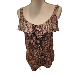Vintage 90s Janette Pink Black Floral Sleeveless Shirt Tank XS Silky Camisole